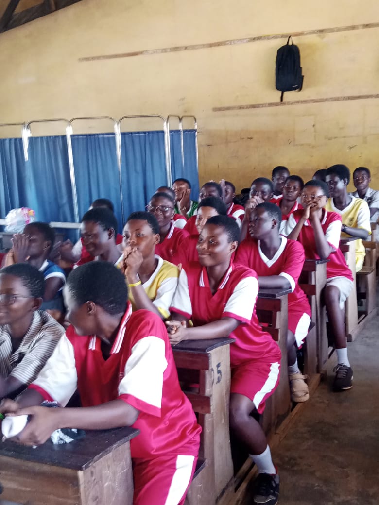 A section of the pupils of the Odorkor Maclean Basic School participating in a sensitization exercise on breast cancer